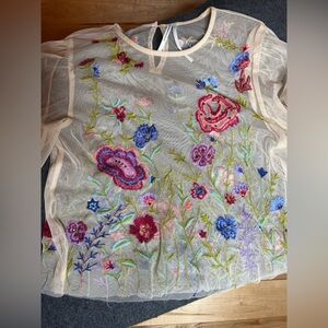Anthropologie Layla Floral Embroidered Sheer Mesh Top
